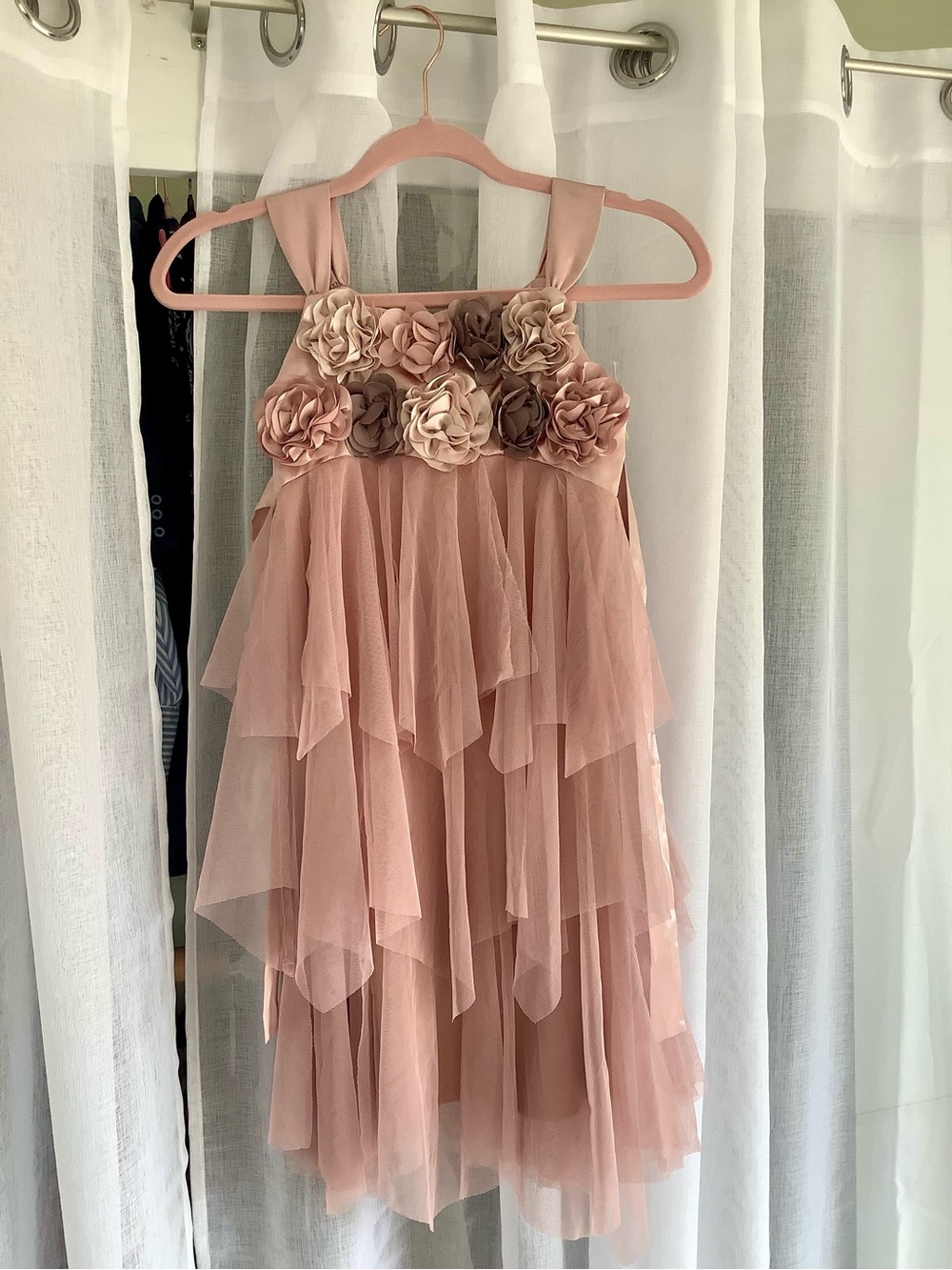 Girls’ Biscotti Blush Rose Appliqué Tiered Tulle Dress